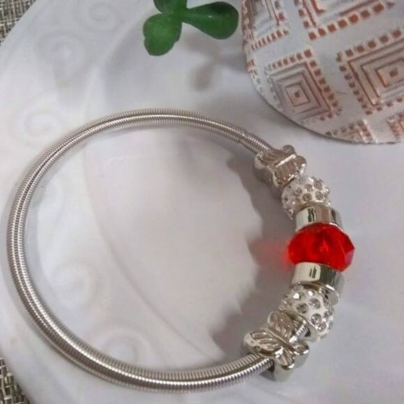 Spring Band Bright Red Bead Stretch Bracelet - Picture 3 of 4